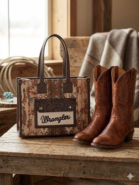 Wrangler Brown and Tan Patterned Canvas Tote with Dark Brown Trim